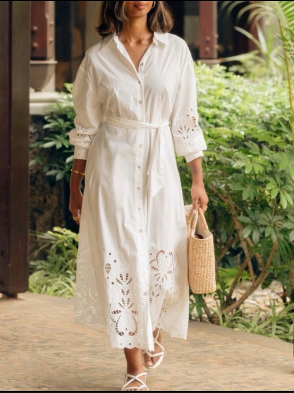 H&M Women's White Eyelet Embroidered Lace Trimmed Maxi Dress Large - Picture 7 of 12